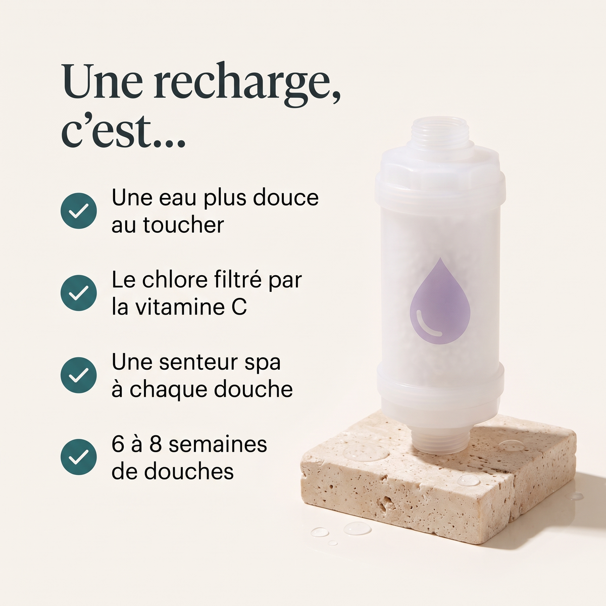 Une recharge : eau plus douce, chlore filtré par la vitamine C, senteur spa, 6 à 8 semaines de douches
