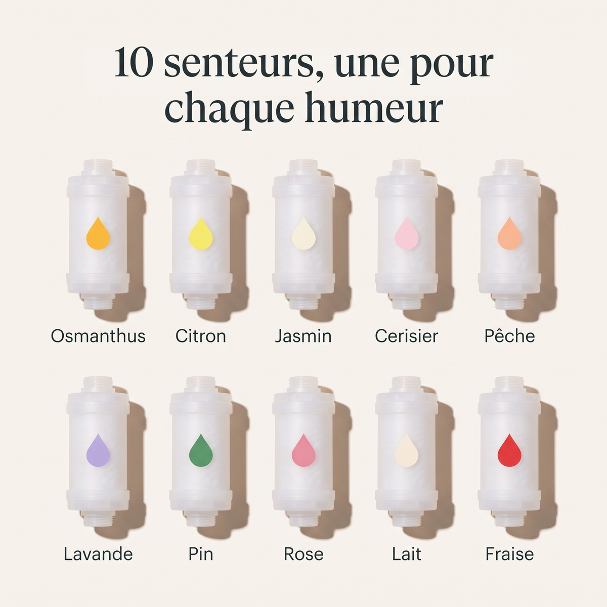 Les 10 senteurs : osmanthus, citron, jasmin, cerisier, pêche, lavande, pin, rose, lait, fraise